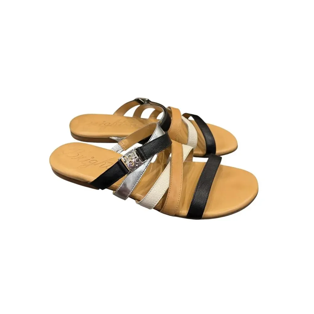 Brighton Capri Multicolor Leather Strappy Slide Sandals Black Tan Silver 9M